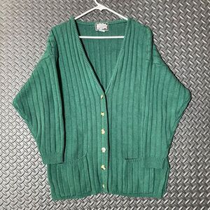 Vintage Extra Editions V Neck Acrylic Knitted Green Button Up Cardigan‎ Sweater